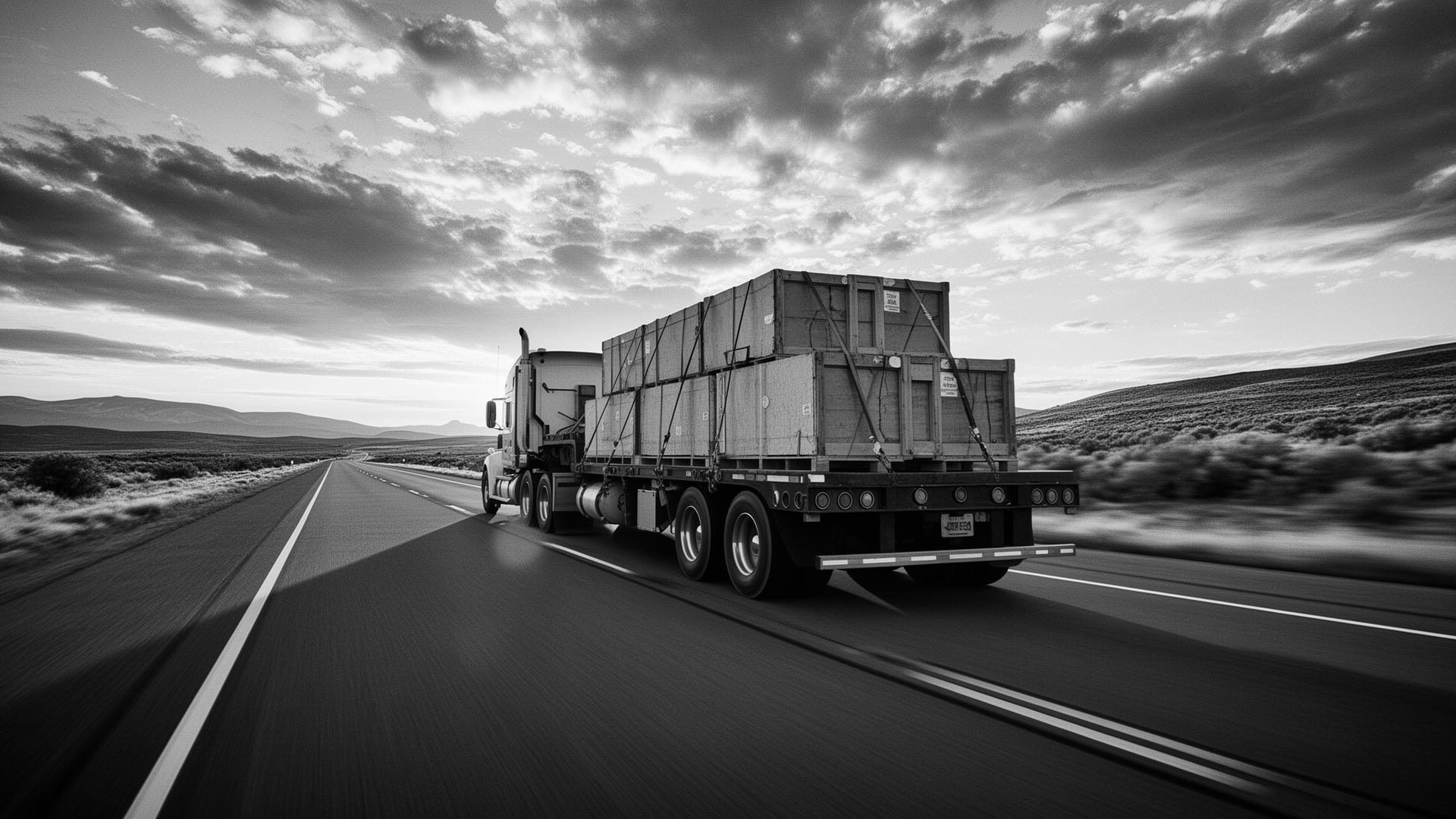 Flatbed truck moving on an empty highway with industrial cargo.