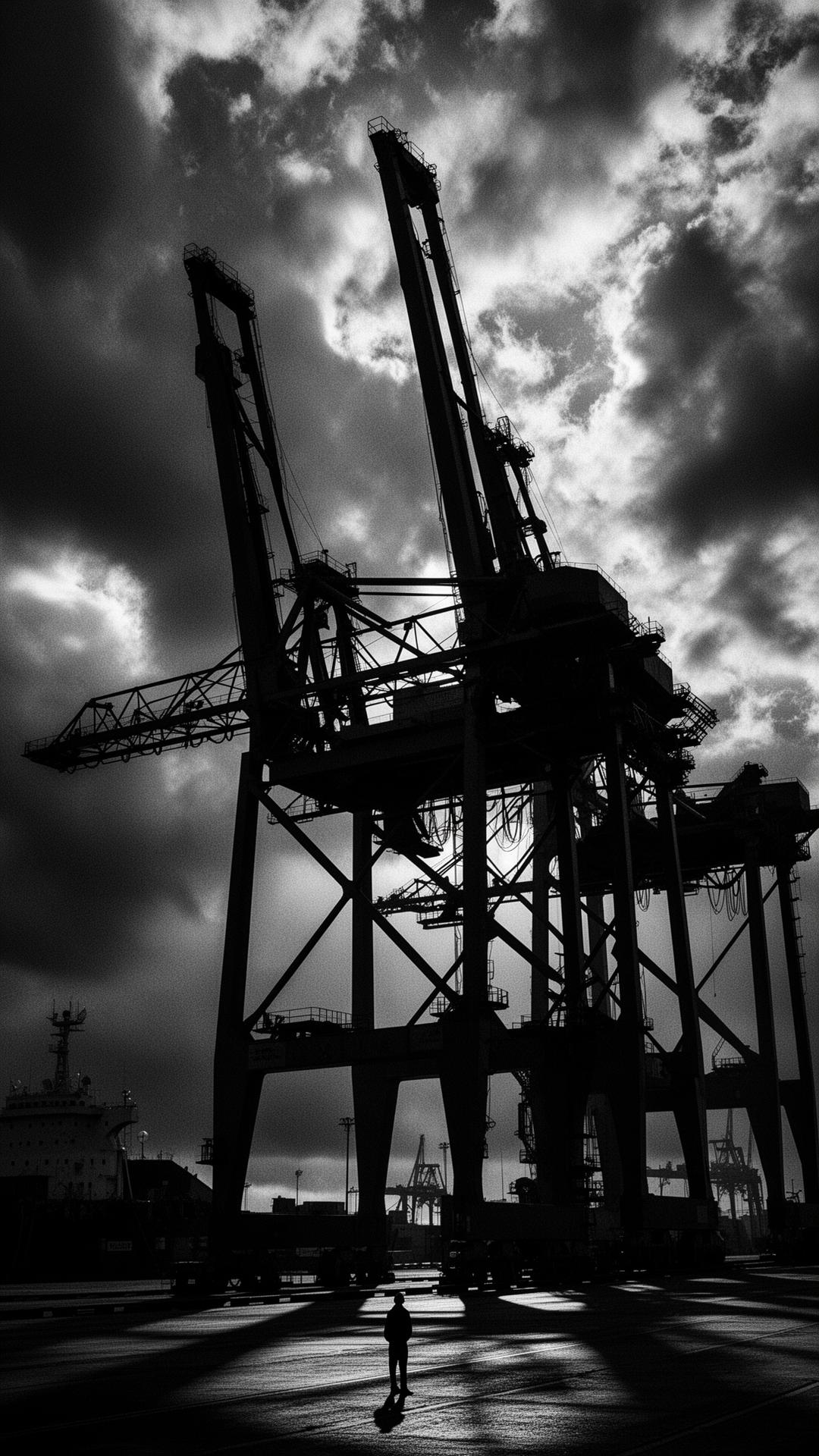 Towering ship-to-shore gantry cranes silhouetted against a stormy sky.