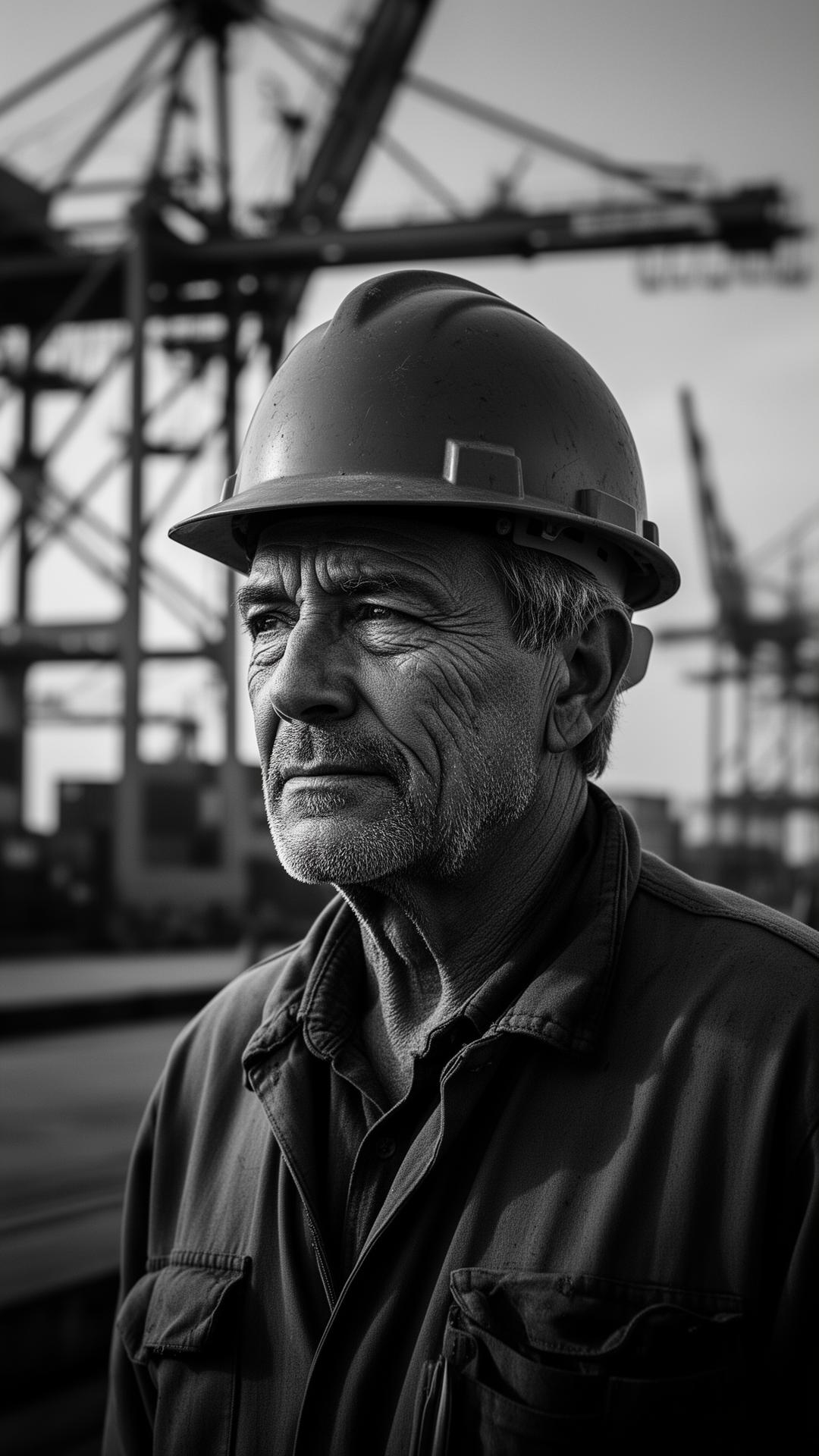 Portrait of a longshoreman in a hard hat with cranes behind him.